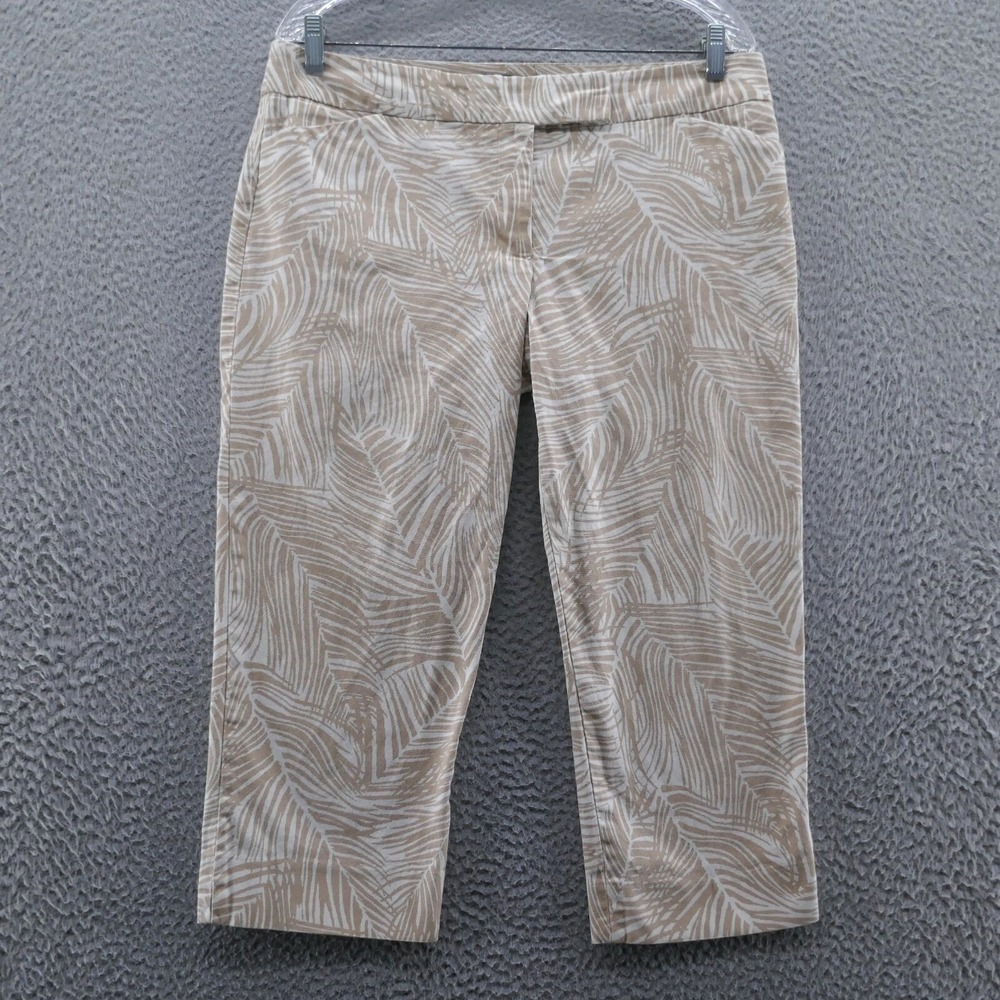 Talbots Petites Womens 14P Tan White Palm Leaf Print Crop Capri Pants Tropical